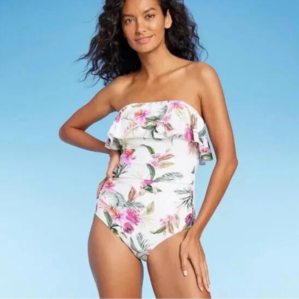 Kona Sol White Floral Bandeau One-Piece Swimsuit